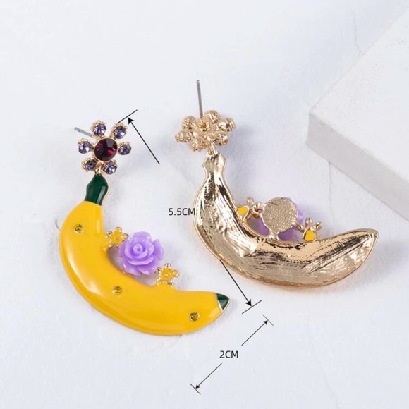🍌 Awesome Colorful Rhinestone Floral Flower Large Banana Fruit Stud Earrings 🍌 - Picture 2 of 4